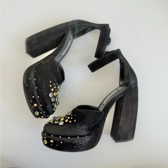 Prada Black Suede Leather Rhinestone embellished ankle strap chunky heel sandals - Picture 5 of 11